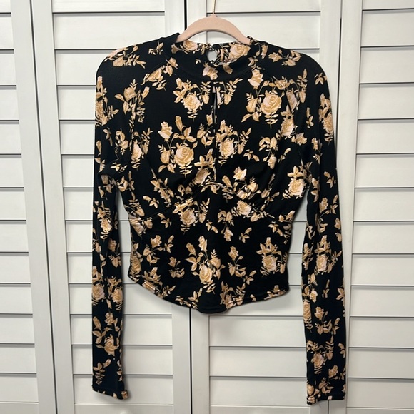 Free People Dinner Party Floral Long Sleeve Top Size Medium Black Combo - Picture 2 of 10